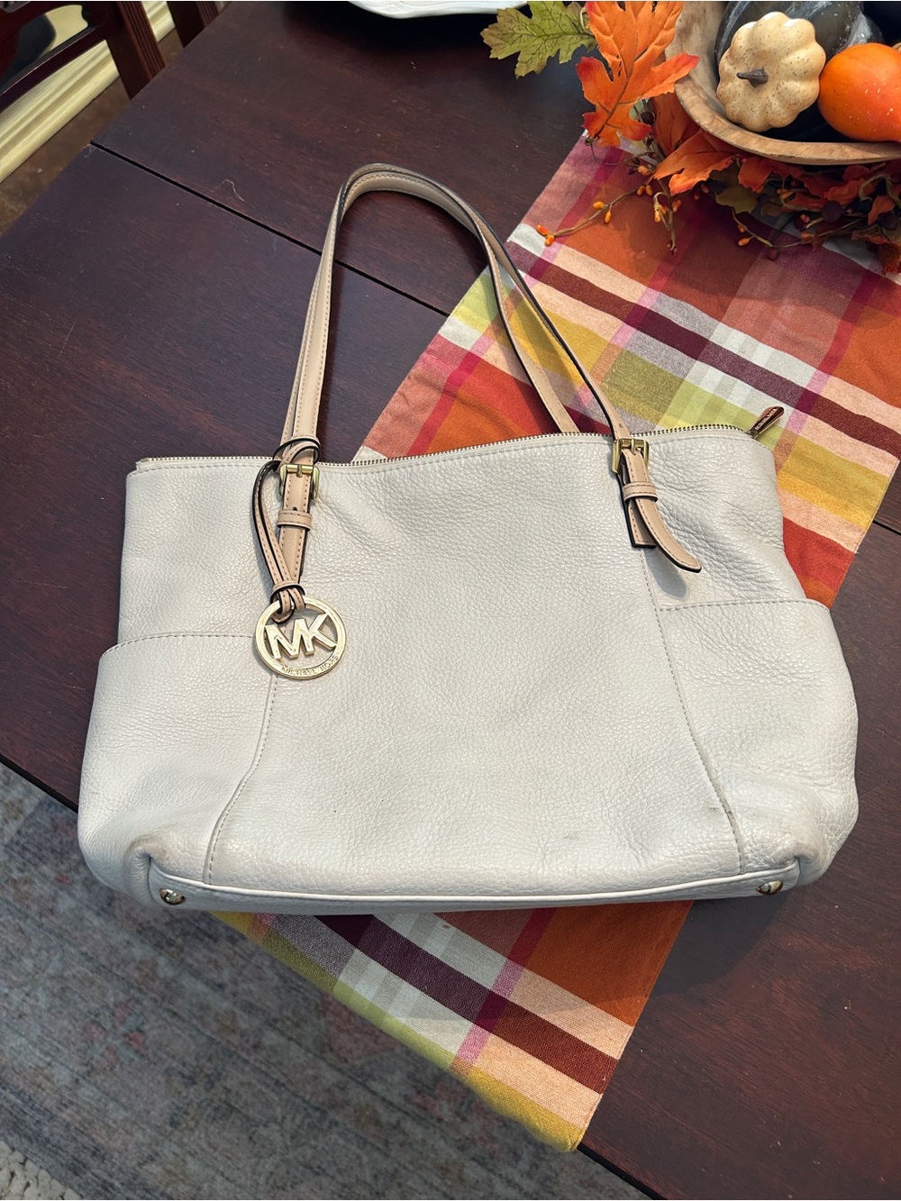 Michael Kors Cream Leather Tote Bag with Gold MK Charm
